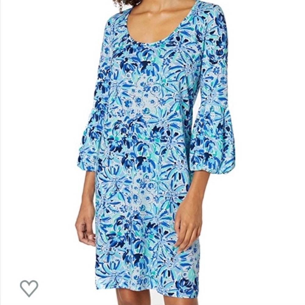 Lilly Pulitzer Carlile Small Blue Iris High Mainten Blouson Sleeve Pima Beach - Picture 11 of 12